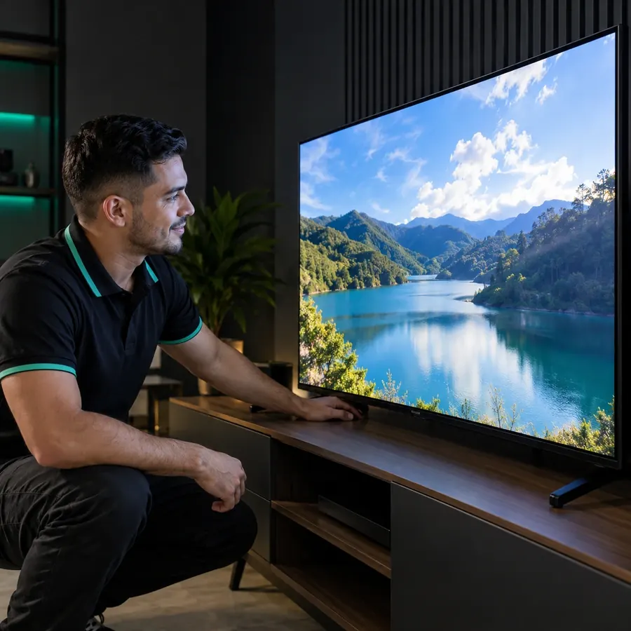 Imagen de referencia: televisor reparado mostrando una imagen brillante y uniforme