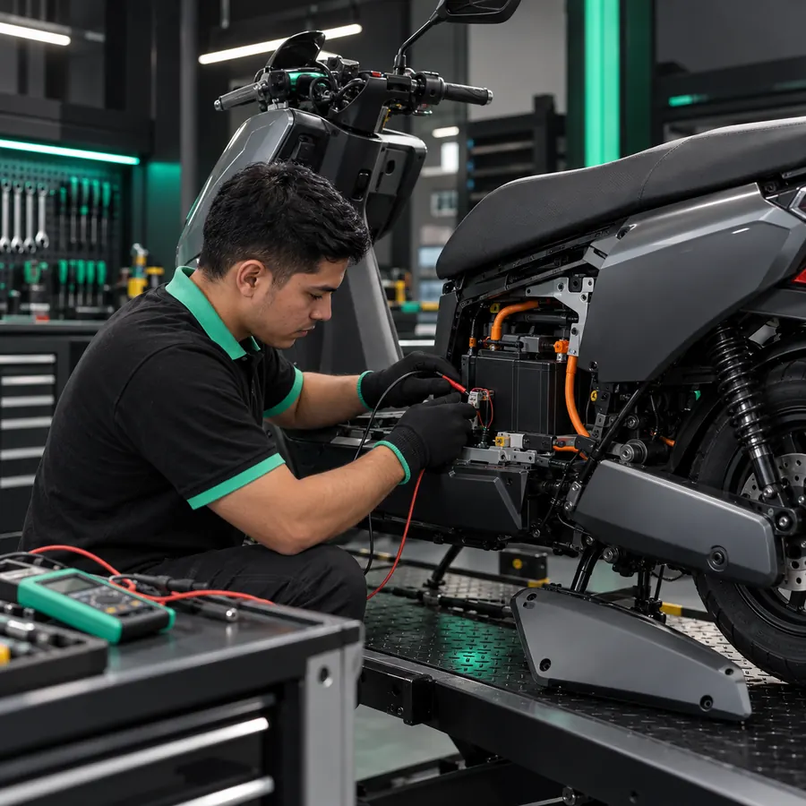 Imagen de referencia: moto eléctrica en el elevador del taller con la tapa lateral abierta